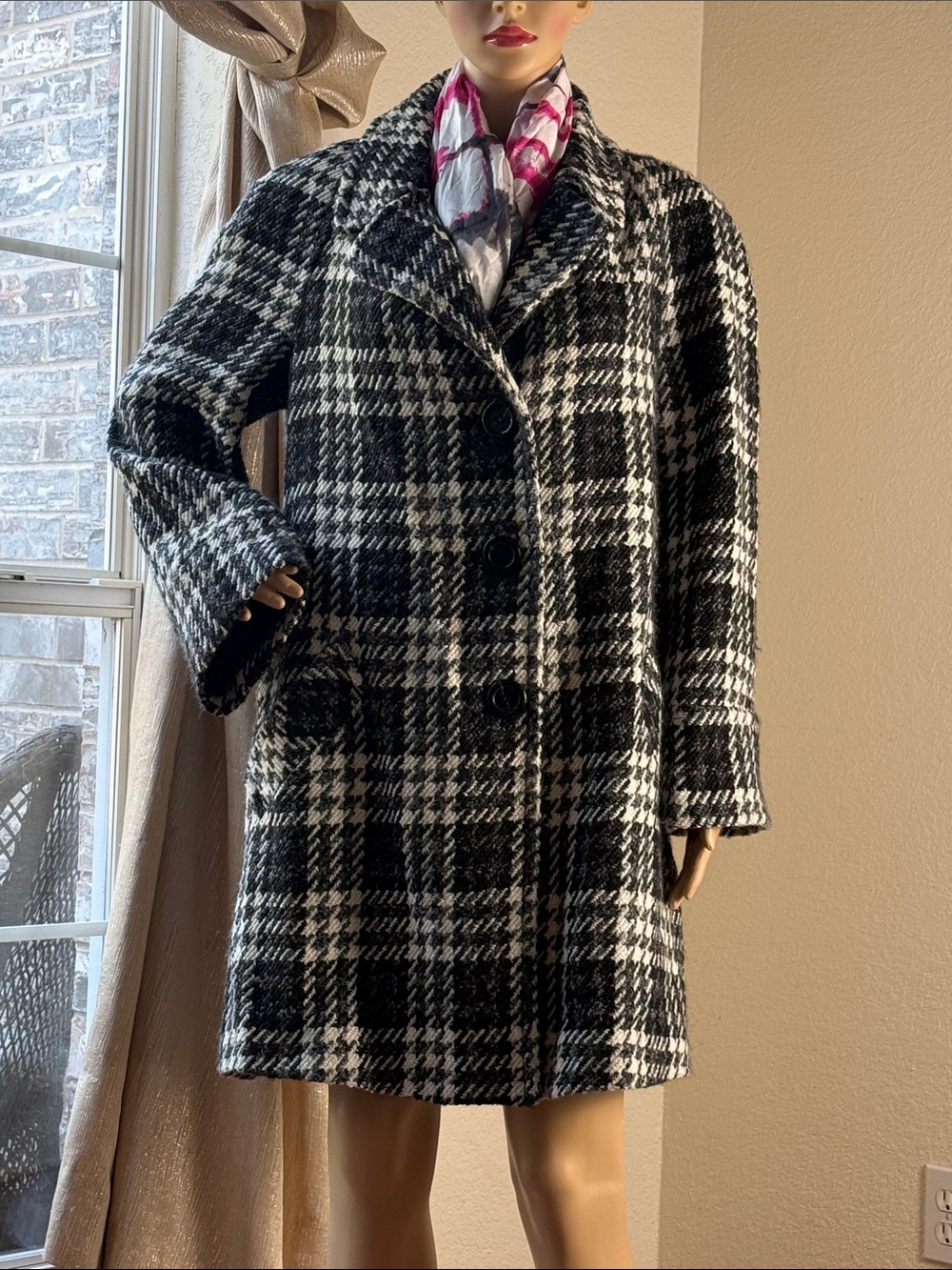 Anne Klein Black and White Plaid Pea Coat